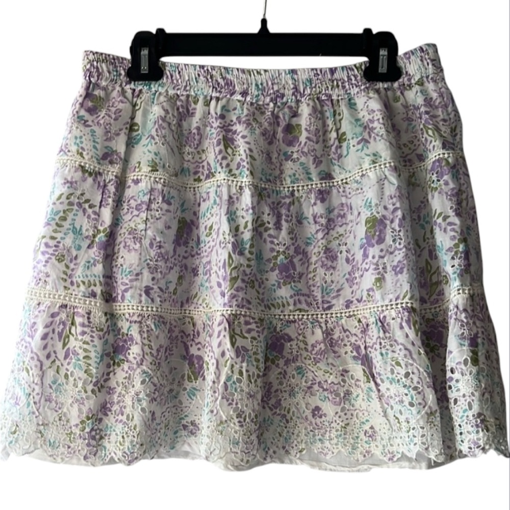 Jennifer & Grace Elastic Waist Mini Skirt Floral Purple White L EUC Boho Cottage